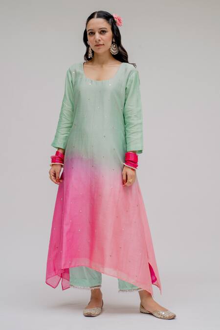 Buy Chrkha Pink Chanderi Silk Cotton Lining Shantoon Embroidered Mint Ombre Kurta Set For Kids Online at Aza Fashions Buy_Chrkha_Pink Chanderi Silk Cotton Lining Shantoon Embroidered Mint Ombre Kurta Set For Kids_Online_at_Aza_Fashions