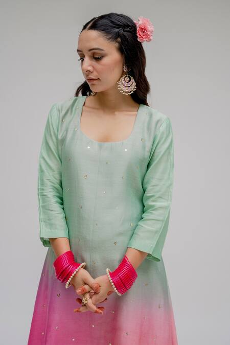 Shop Chrkha Pink Chanderi Silk Cotton Lining Shantoon Embroidered Mint Ombre Kurta Set For Kids Online at Aza Fashions Shop_Chrkha_Pink Chanderi Silk Cotton Lining Shantoon Embroidered Mint Ombre Kurta Set For Kids_Online_at_Aza_Fashions