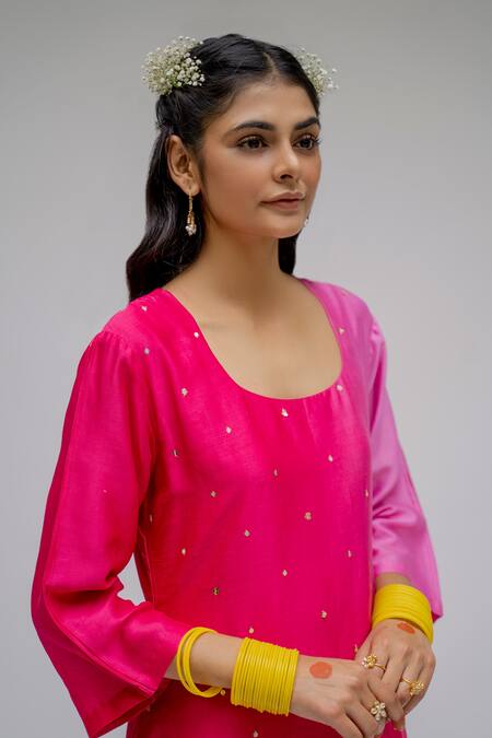 Shop_Chrkha_Pink Chanderi Silk Cotton Lining Shantoon Sequins Scoop Embroidered Kurta Set _Online_at_Aza_Fashions