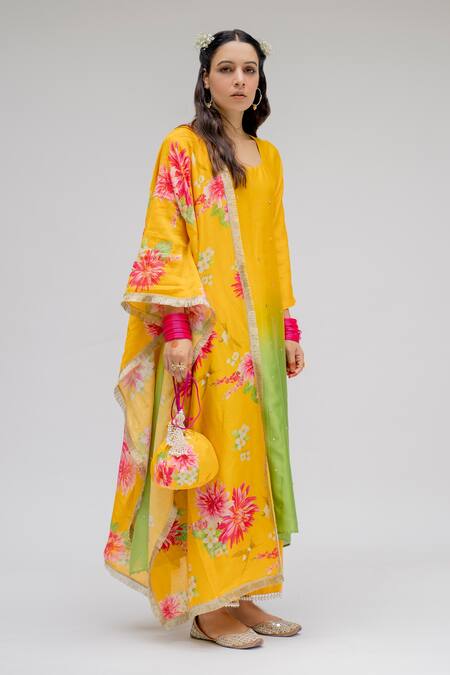 Chrkha Yellow Chanderi Silk Cotton Lining Shantoon Embroidered Ombre Kurta Set For Kids Online at Aza Fashions Chrkha_Yellow Chanderi Silk Cotton Lining Shantoon Embroidered Ombre Kurta Set For Kids_Online_at_Aza_Fashions