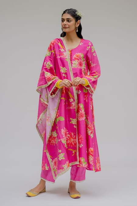 Chrkha Floral Printed Chanderi Silk Kurta Set For Kids