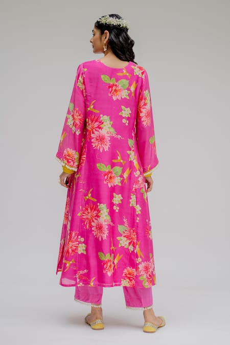 Chrkha Floral Printed Chanderi Silk Kurta Set For Kids