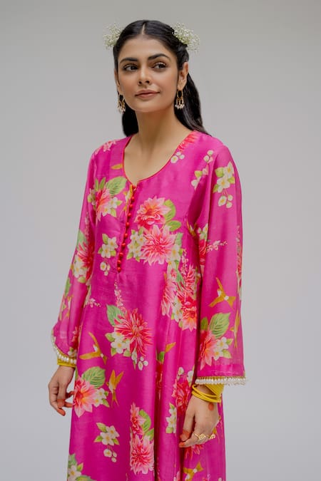 Shop_Chrkha_Pink Chanderi Silk Cotton Lining Shantoon Printed Digital Floral Kurta Set For Kids_Online_at_Aza_Fashions