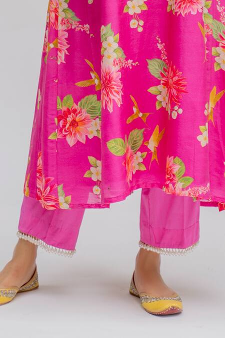 Chrkha_Pink Chanderi Silk Cotton Lining Shantoon Printed Digital Floral Kurta Set For Kids_at_Aza_Fashions