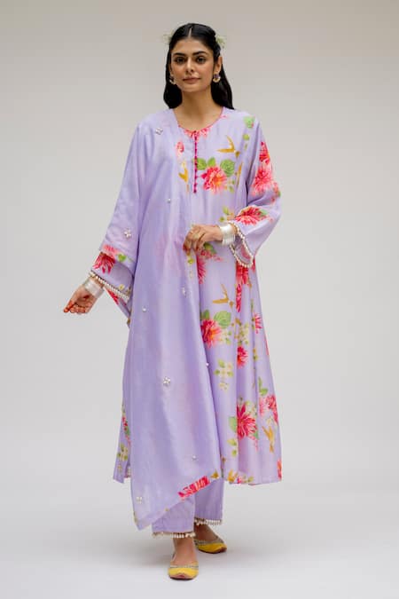 Chrkha Floral Printed Chanderi Silk Kurta Set For Kids