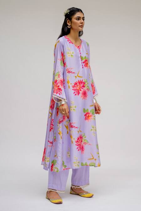 Chrkha Purple Chanderi Silk Cotton Lining Shantoon Printed Floral Kurta Set For Kids Online at Aza Fashions Chrkha_Purple Chanderi Silk Cotton Lining Shantoon Printed Floral Kurta Set For Kids_Online_at_Aza_Fashions