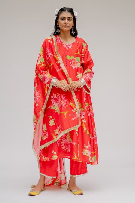 Chrkha Floral Printed Chanderi Silk Kurta Set For Kids