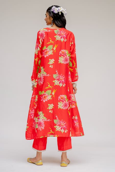 Chrkha Floral Printed Chanderi Silk Kurta Set For Kids