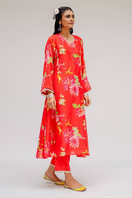 Chrkha_Red Chanderi Silk Cotton Lining Shantoon Printed Digital Floral Kurta Set For Kids_Online_at_Aza_Fashions