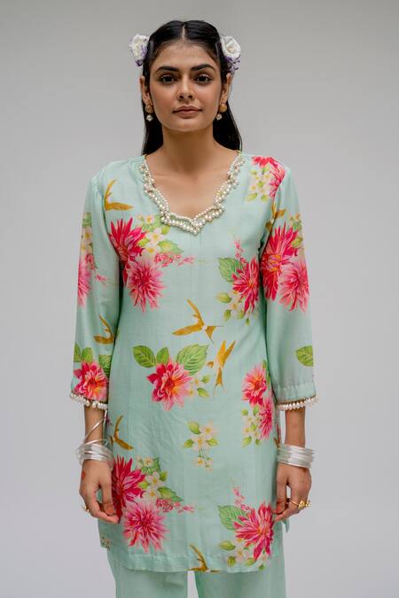 Buy_Chrkha_Green Chanderi Silk Cotton Lining Shantoon Printed Digital Tunic And Pant Set _Online_at_Aza_Fashions