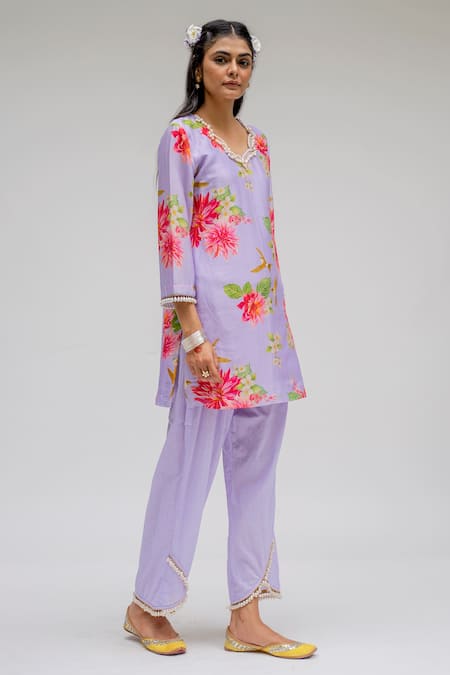 Chrkha_Purple Chanderi Silk Cotton Lining Shantoon Digital Print V Tunic And Pant Set _Online_at_Aza_Fashions