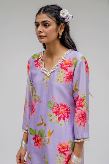 Buy_Chrkha_Purple Chanderi Silk Cotton Lining Shantoon Digital Print V Tunic And Pant Set _Online_at_Aza_Fashions