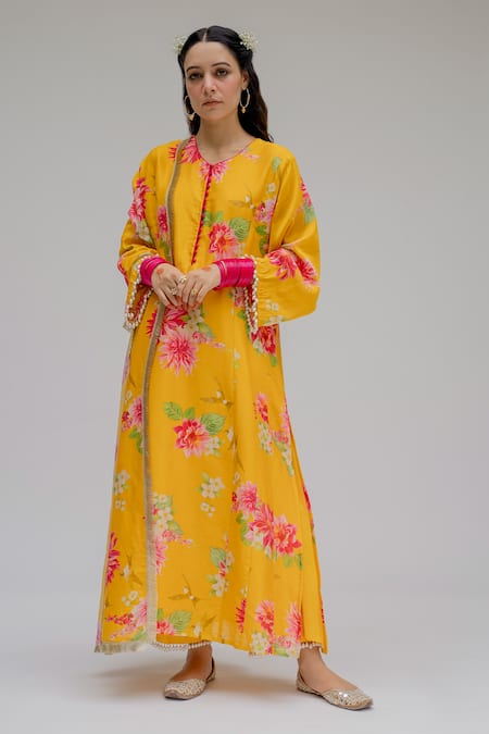 Shop Chrkha Yellow Chanderi Silk Cotton Lining Shantoon Printed Digital Floral Kurta Set Online at Aza Fashions Shop_Chrkha_Yellow Chanderi Silk Cotton Lining Shantoon Printed Digital Floral Kurta Set _Online_at_Aza_Fashions