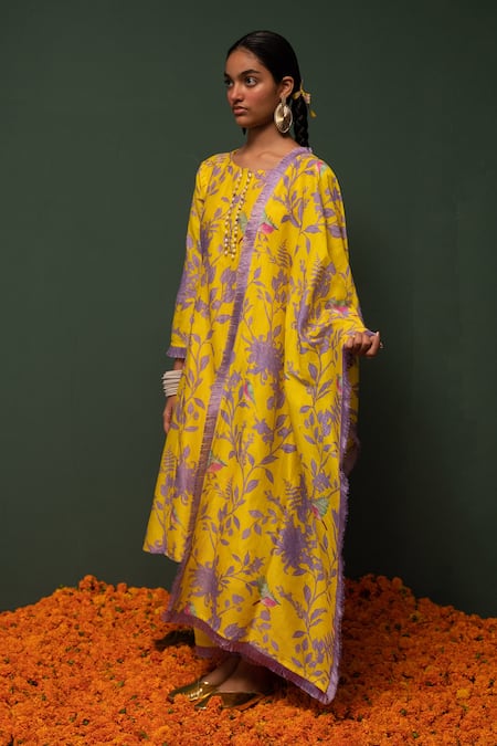 Chrkha_Yellow Cotton, Chanderi Silk Bird, Floral Round Print Kurta Set _Online_at_Aza_Fashions