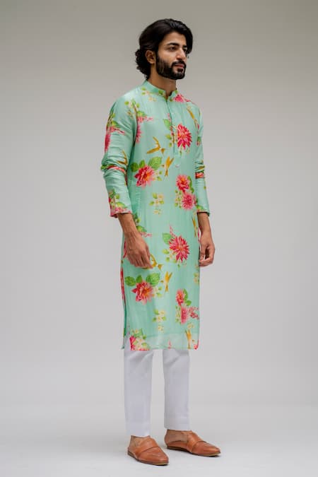 Chrkha_Green Chanderi Silk Satin Lining Printed Floral Kurta Set For Kids_Online_at_Aza_Fashions