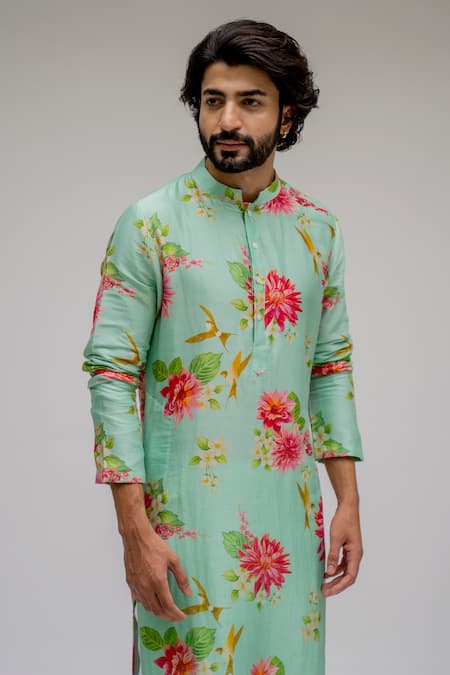 Buy_Chrkha_Green Chanderi Silk Satin Lining Printed Floral Kurta Set For Kids_Online_at_Aza_Fashions