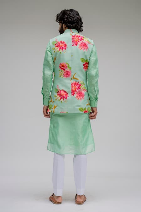 Shop_Chrkha_Blue Chanderi Silk Satin Lining Floral Motifs Bundi And Kurta Set _at_Aza_Fashions