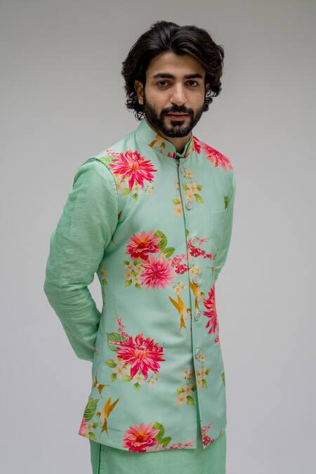 Buy_Chrkha_Blue Chanderi Silk Satin Lining Floral Motifs Bundi And Kurta Set _Online_at_Aza_Fashions
