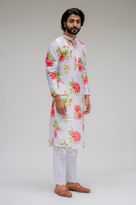 Chrkha_White Chanderi Silk Satin Lining Printed Floral Kurta Set For Kids_Online_at_Aza_Fashions