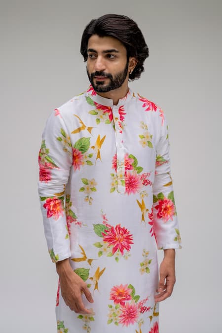 Buy_Chrkha_White Chanderi Silk Satin Lining Printed Floral Kurta Set For Kids_Online_at_Aza_Fashions