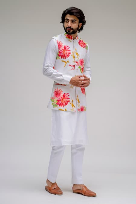 Chrkha Printed Chanderi Silk Bundi & Kurta Set 