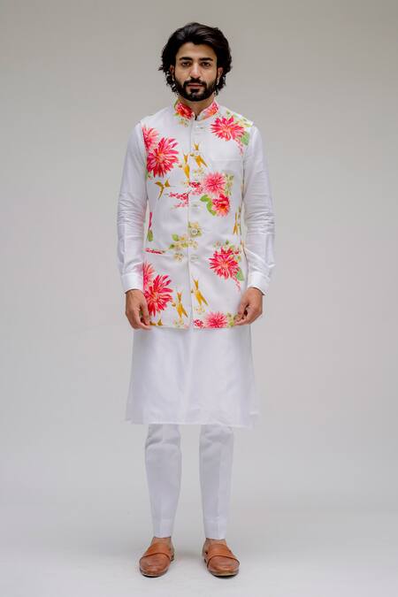 Chrkha_White Chanderi Silk Satin Lining Printed Bundi And Kurta Set _Online_at_Aza_Fashions