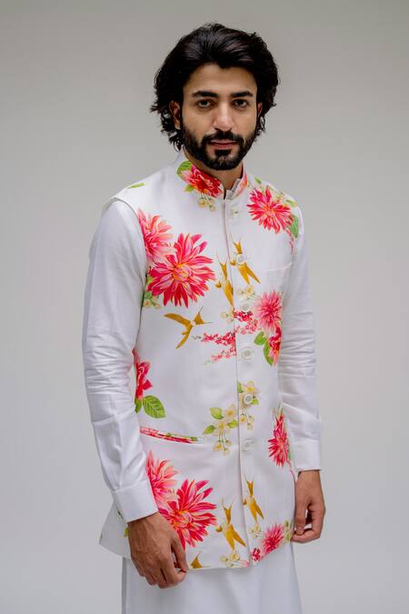Buy_Chrkha_White Chanderi Silk Satin Lining Printed Bundi And Kurta Set _Online_at_Aza_Fashions