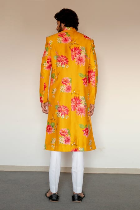 Chrkha Floral Printed Achkan & Kurta Set For Kids