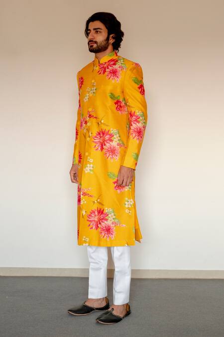 Chrkha_Yellow Chanderi Silk Satin Lining Printed Achkan And Kurta Set For Kids_Online_at_Aza_Fashions
