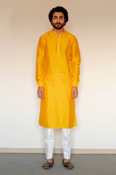 Buy_Chrkha_Yellow Chanderi Silk Satin Lining Printed Achkan And Kurta Set For Kids_Online_at_Aza_Fashions