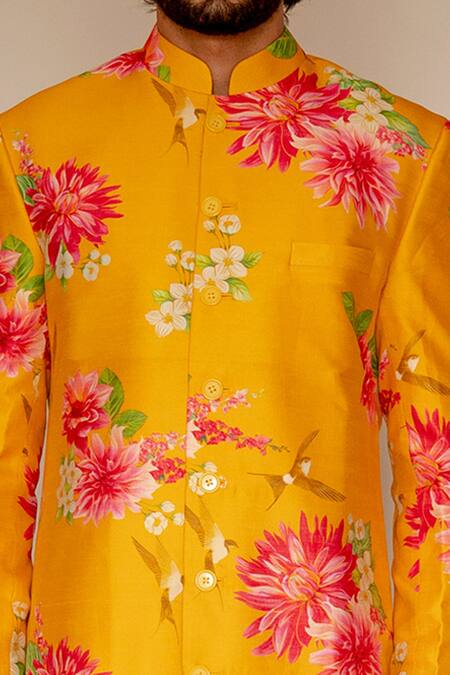 Shop_Chrkha_Yellow Chanderi Silk Satin Lining Printed Achkan And Kurta Set For Kids_Online_at_Aza_Fashions