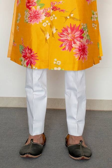Chrkha_Yellow Chanderi Silk Satin Lining Printed Achkan And Kurta Set For Kids_at_Aza_Fashions