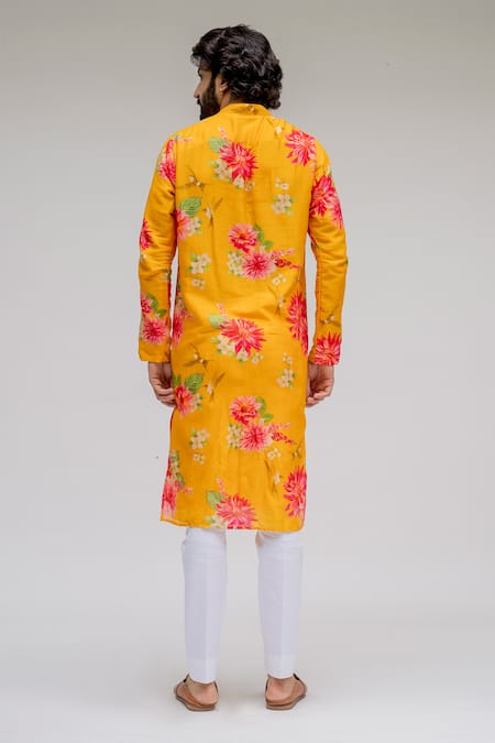 Chrkha Floral Motif Yellow Kurta Set For Kids