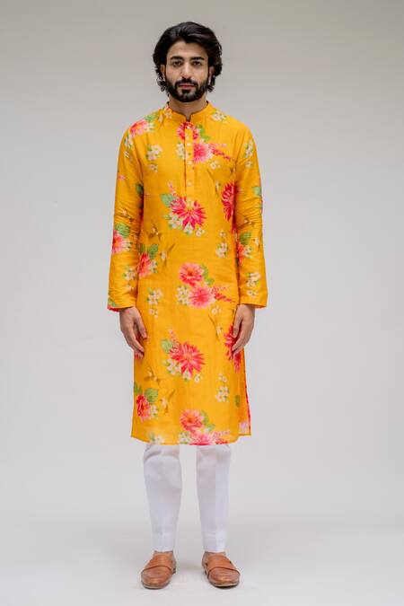 Chrkha_Yellow Chanderi Silk Satin Lining Printed Floral Kurta Set For Kids_Online_at_Aza_Fashions