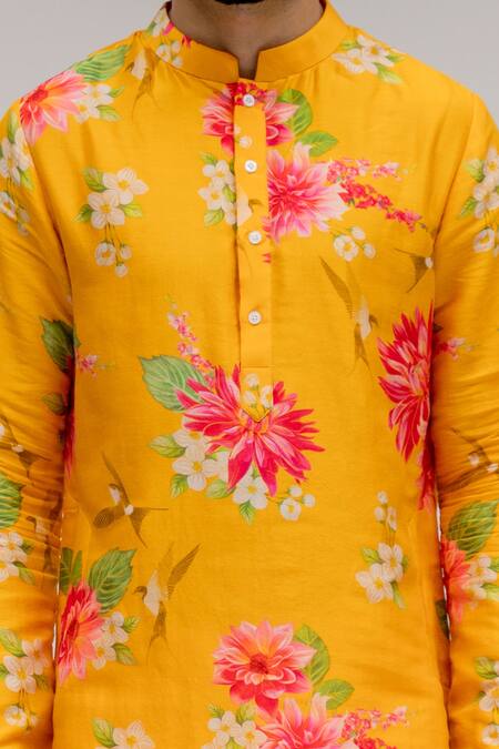 Shop_Chrkha_Yellow Chanderi Silk Satin Lining Printed Floral Kurta Set For Kids_Online_at_Aza_Fashions