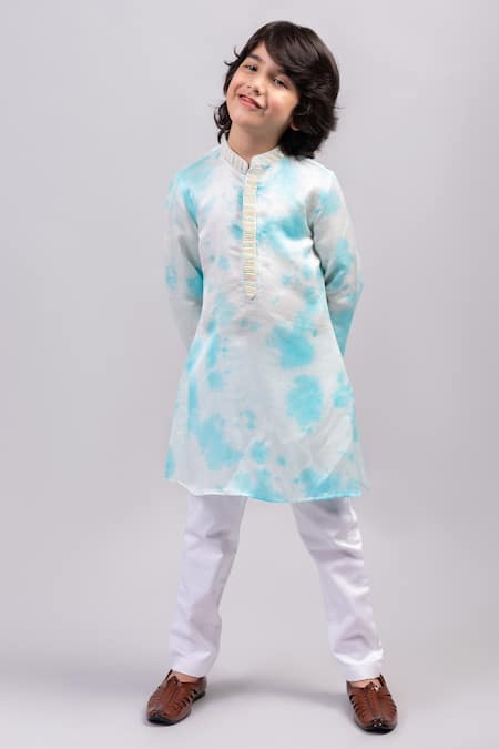 Partykles Blue Cotton, Linen, Silk Sequins, Beads Tie And Dye Kurta Set