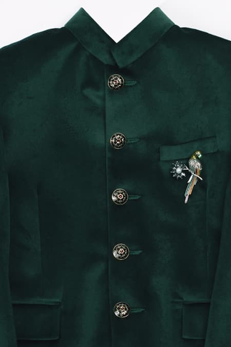 Shop Partykles Green Velvet Jodhpuri And Pant Set at Aza Fashions Shop_Partykles_Green Velvet Jodhpuri And Pant Set _at_Aza_Fashions