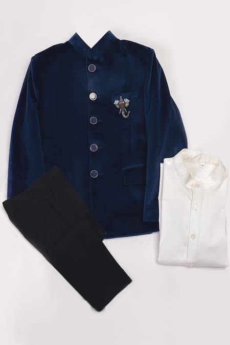 Partykles Blue Velvet, Cotton Jodhpuri And Pant Set