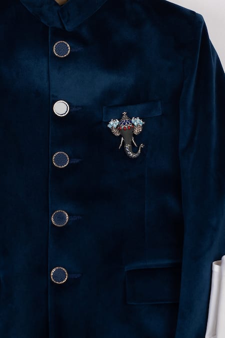 Shop Partykles Blue Velvet, Cotton Jodhpuri And Pant Set at Aza Fashions Shop_Partykles_Blue Velvet, Cotton Jodhpuri And Pant Set _at_Aza_Fashions