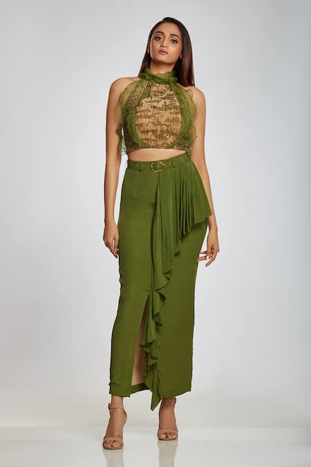 Shop Ohaila Khan Green Crepe Ruffle Skirt Online at Aza Fashions Shop_Ohaila Khan_Green Crepe Ruffle Skirt _Online_at_Aza_Fashions
