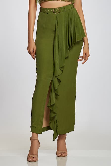 Shop Ohaila Khan Green Crepe Ruffle Skirt at Aza Fashions Shop_Ohaila Khan_Green Crepe Ruffle Skirt _at_Aza_Fashions