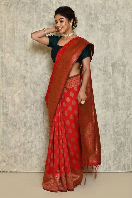 Samyukta Singhania_Red Silk Leaf Motifs Woven Pattern Saree_Online_at_Aza_Fashions