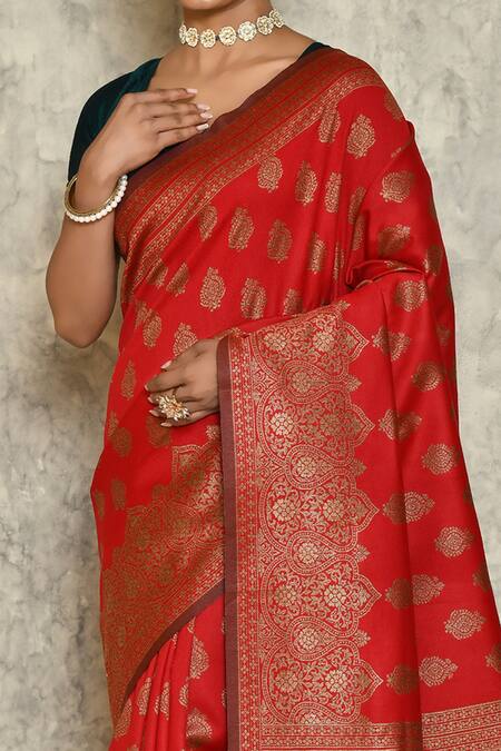 Buy_Samyukta Singhania_Red Silk Leaf Motifs Woven Pattern Saree_Online_at_Aza_Fashions