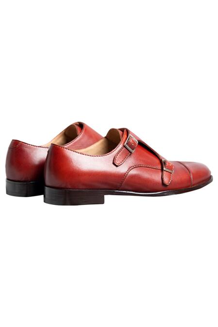 Dmodot_Red Plain Handcrafted Double Strap Monks_Online_at_Aza_Fashions