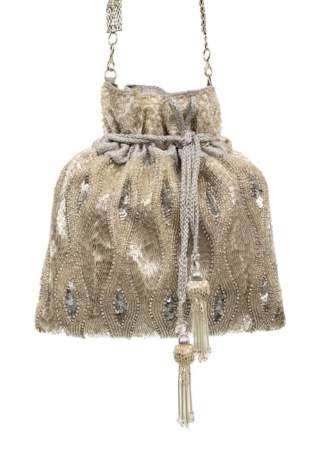 Shop SG Collection By Sonia Gulrajani Silver Beads, Sequins, Diamonds Cinderella Embroidered Potli Bag at Aza Fashions Shop_SG Collection By Sonia Gulrajani_Silver Beads, Sequins, Diamonds Cinderella Embroidered Potli Bag _at_Aza_Fashions