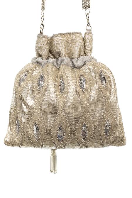 SG Collection By Sonia Gulrajani Silver Beads, Sequins, Diamonds Cinderella Embroidered Potli Bag Online at Aza Fashions SG Collection By Sonia Gulrajani_Silver Beads, Sequins, Diamonds Cinderella Embroidered Potli Bag _Online_at_Aza_Fashions