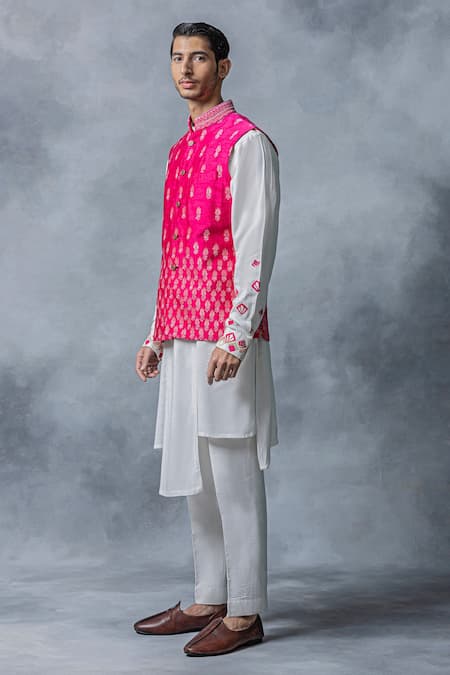 Shop Sarab Khanijou Pink Silk, Modal, Crepe Embroidery Resham Waist Coat And Kurta Set Online at Aza Fashions Shop_Sarab Khanijou_Pink Silk, Modal, Crepe Embroidery Resham Waist Coat And Kurta Set _Online_at_Aza_Fashions