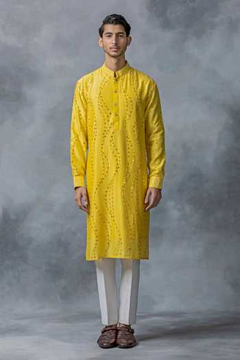 Sarab Khanijou_Yellow Cotton Silk Embroidery Mirror Kurta Set _Online_at_Aza_Fashions