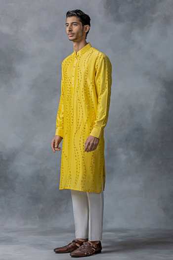 Buy_Sarab Khanijou_Yellow Cotton Silk Embroidery Mirror Kurta Set _Online_at_Aza_Fashions