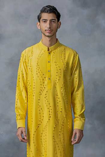 Shop_Sarab Khanijou_Yellow Cotton Silk Embroidery Mirror Kurta Set _Online_at_Aza_Fashions